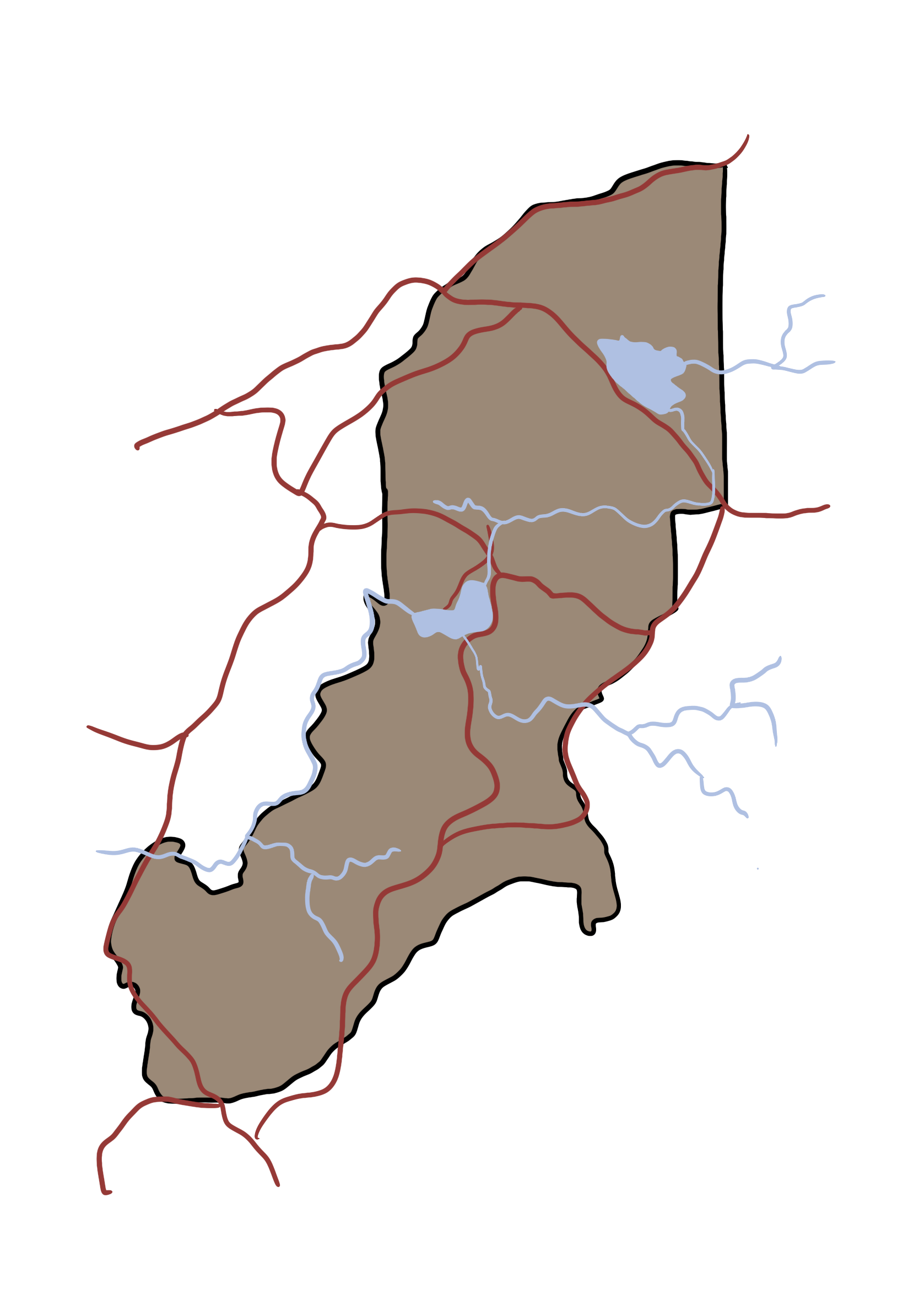 A map of a country with roads and rivers