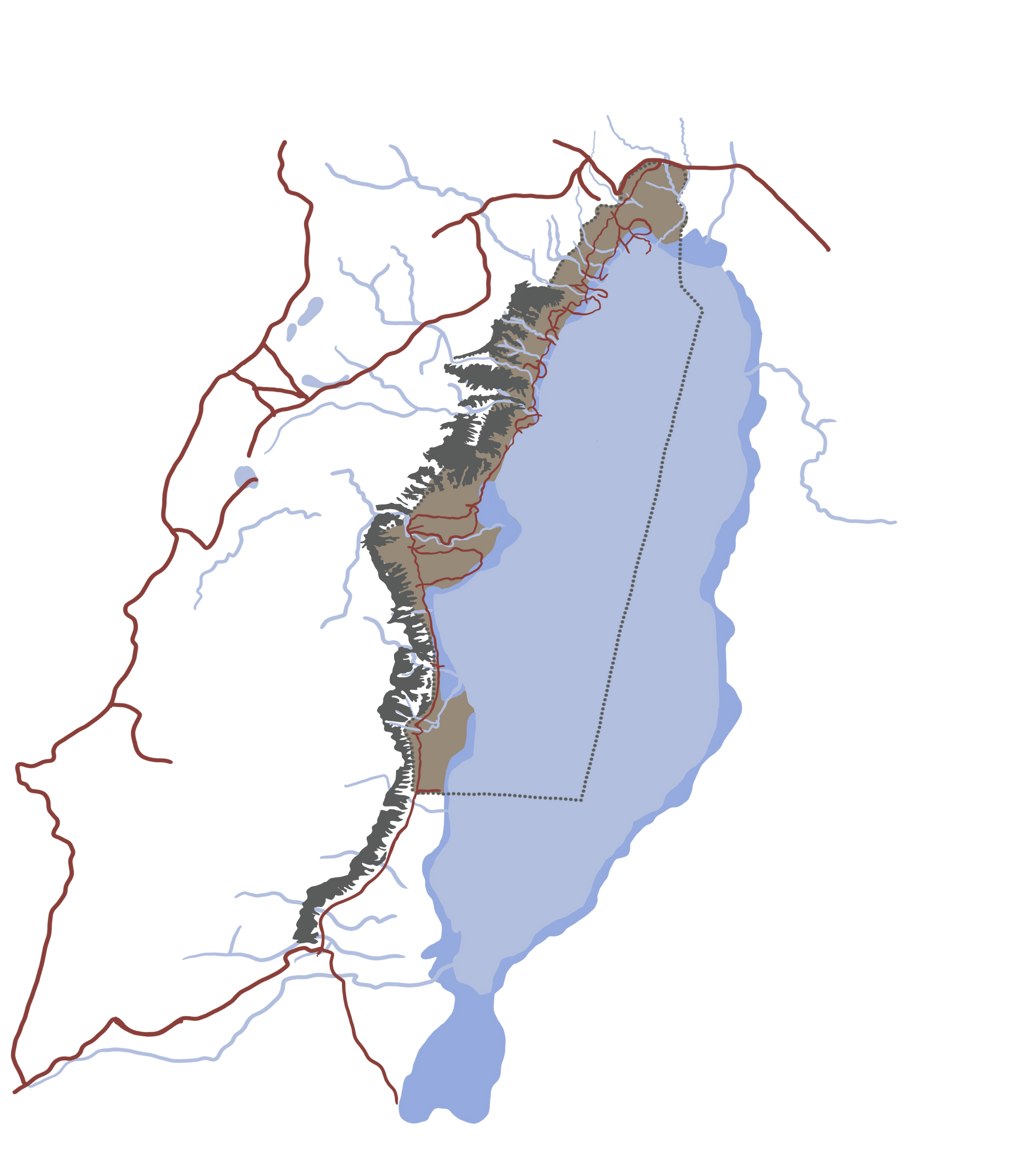 A map of a lake with mountains in the background