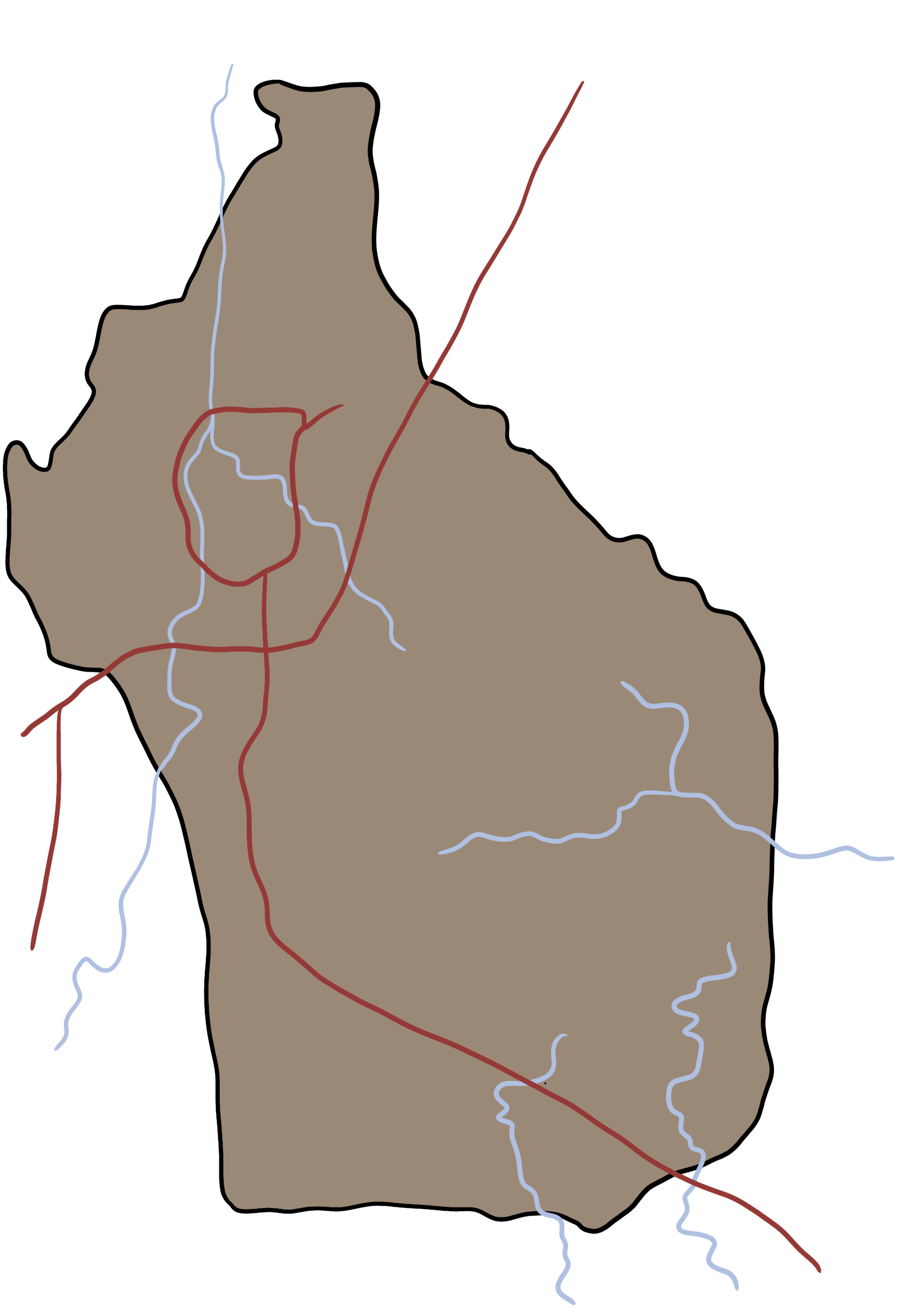 A map of a country with roads and rivers