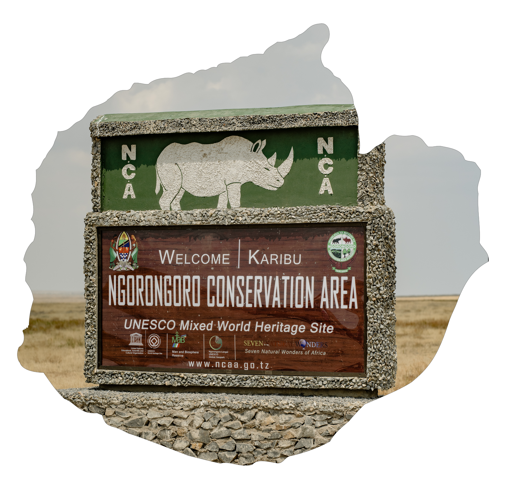 A sign for ngorongord conservation area with a rhino on it