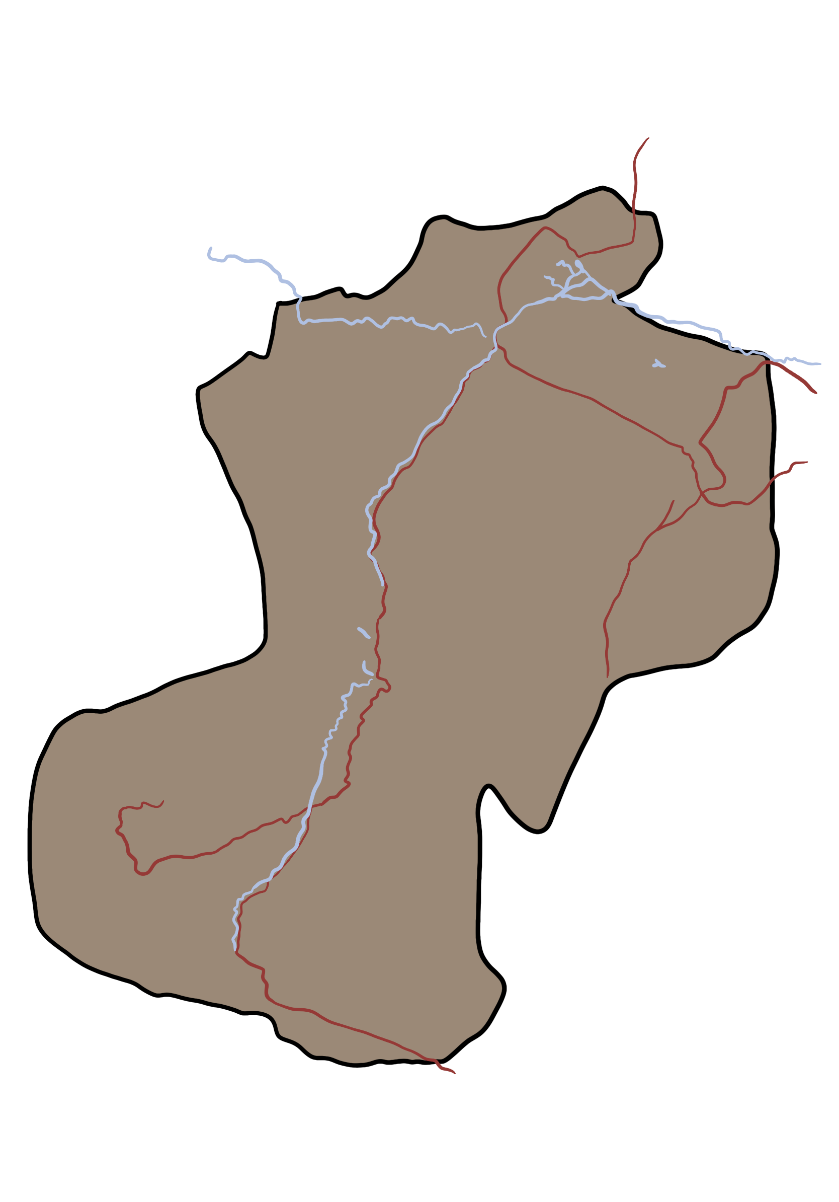 A map of a country with a river running through it