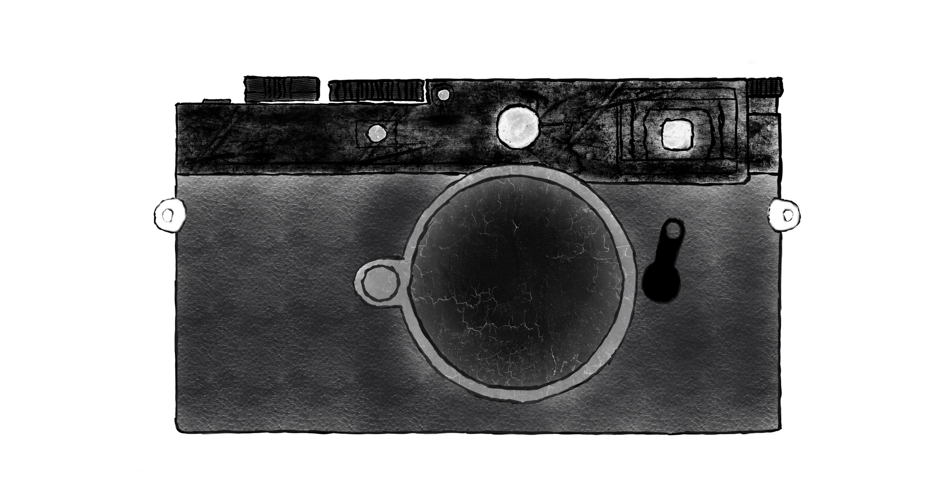 A black and white photo of an old camera on a white background