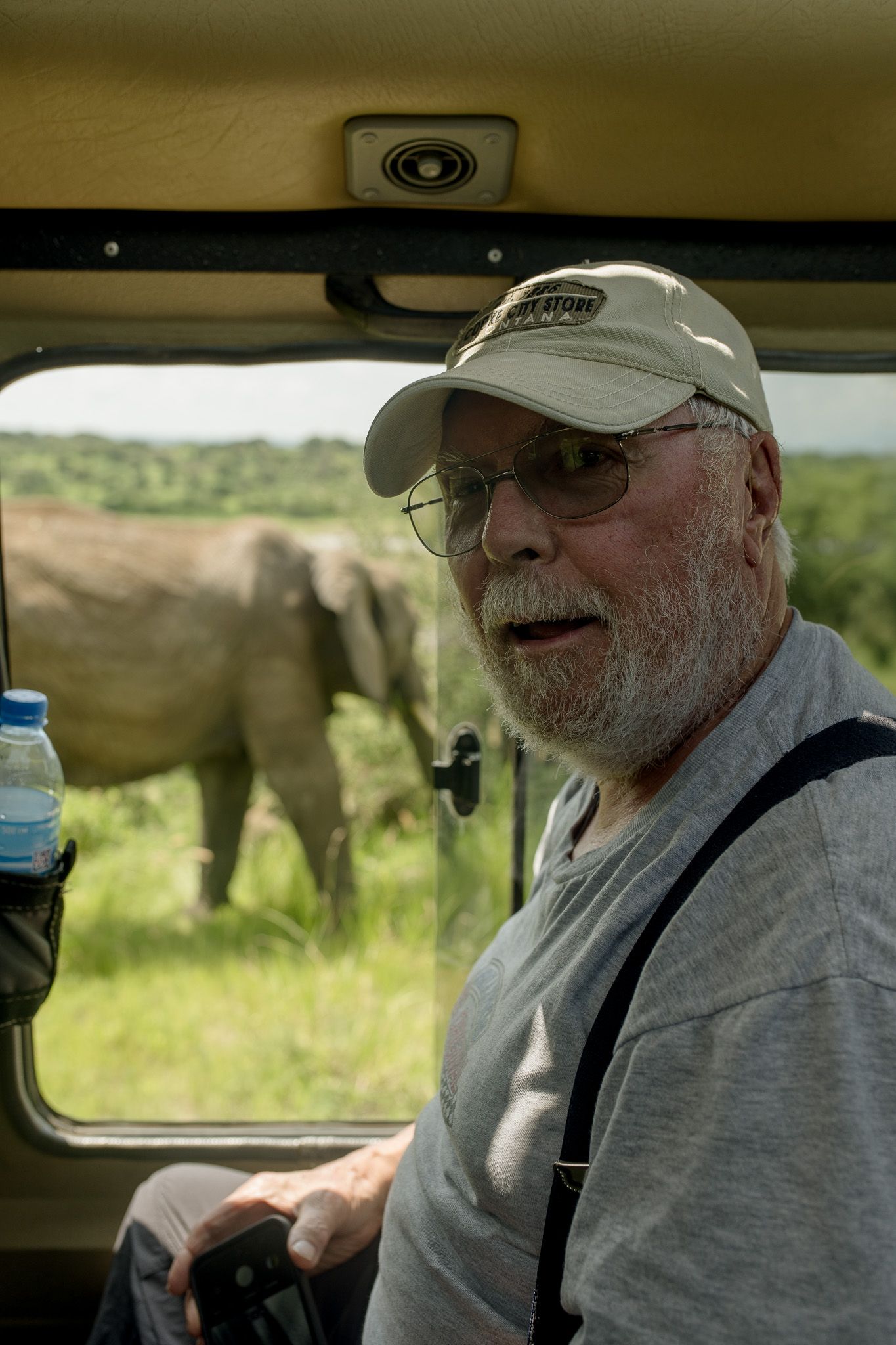 A man is sitting in a car with an elephant in the background.