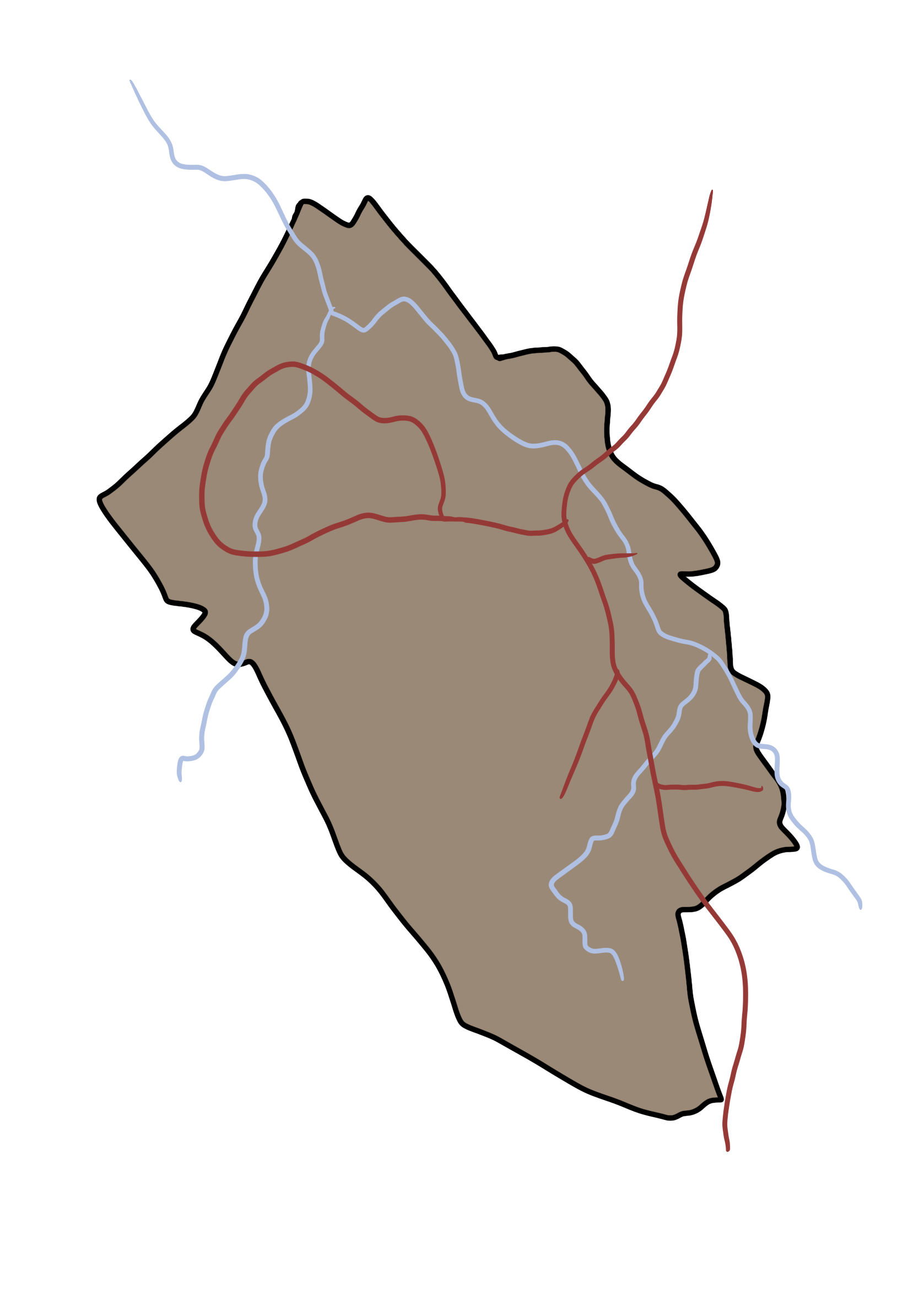 A map of a valley with a river running through it