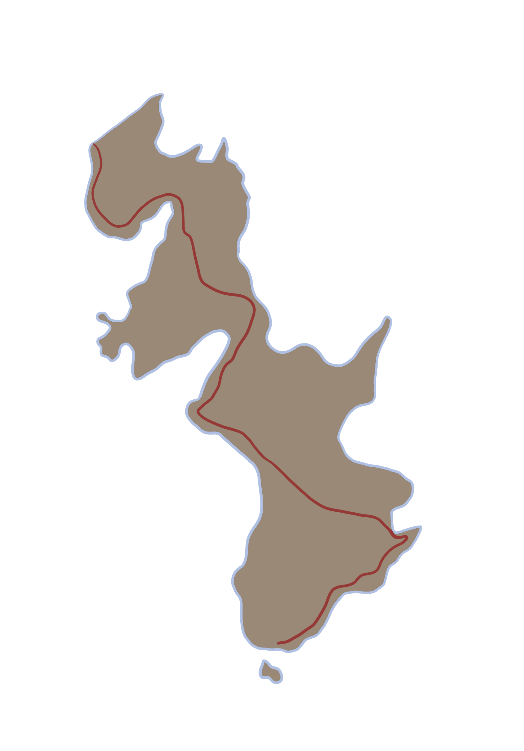 A map of a country with a red line going through it on a white background.