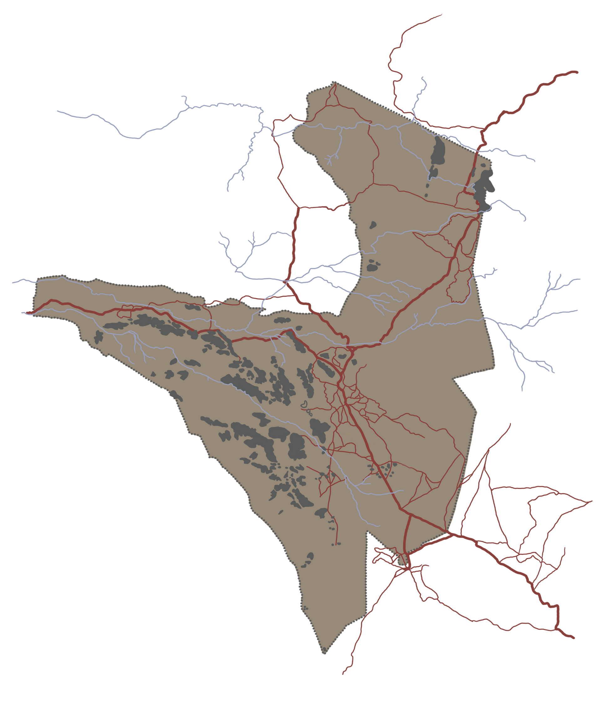 A map of a country with roads and mountains