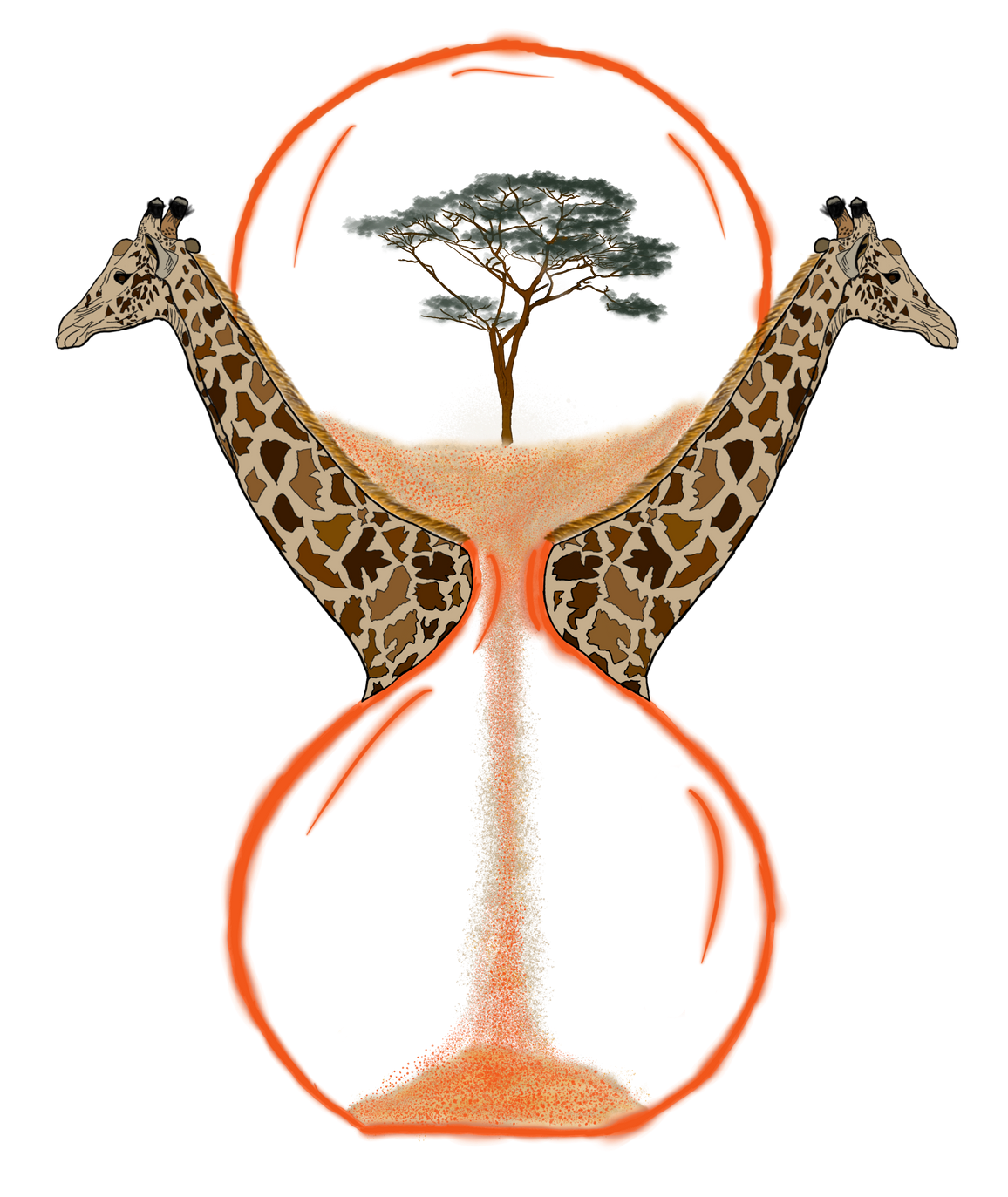 Two giraffes are in an hourglass with a tree in the middle