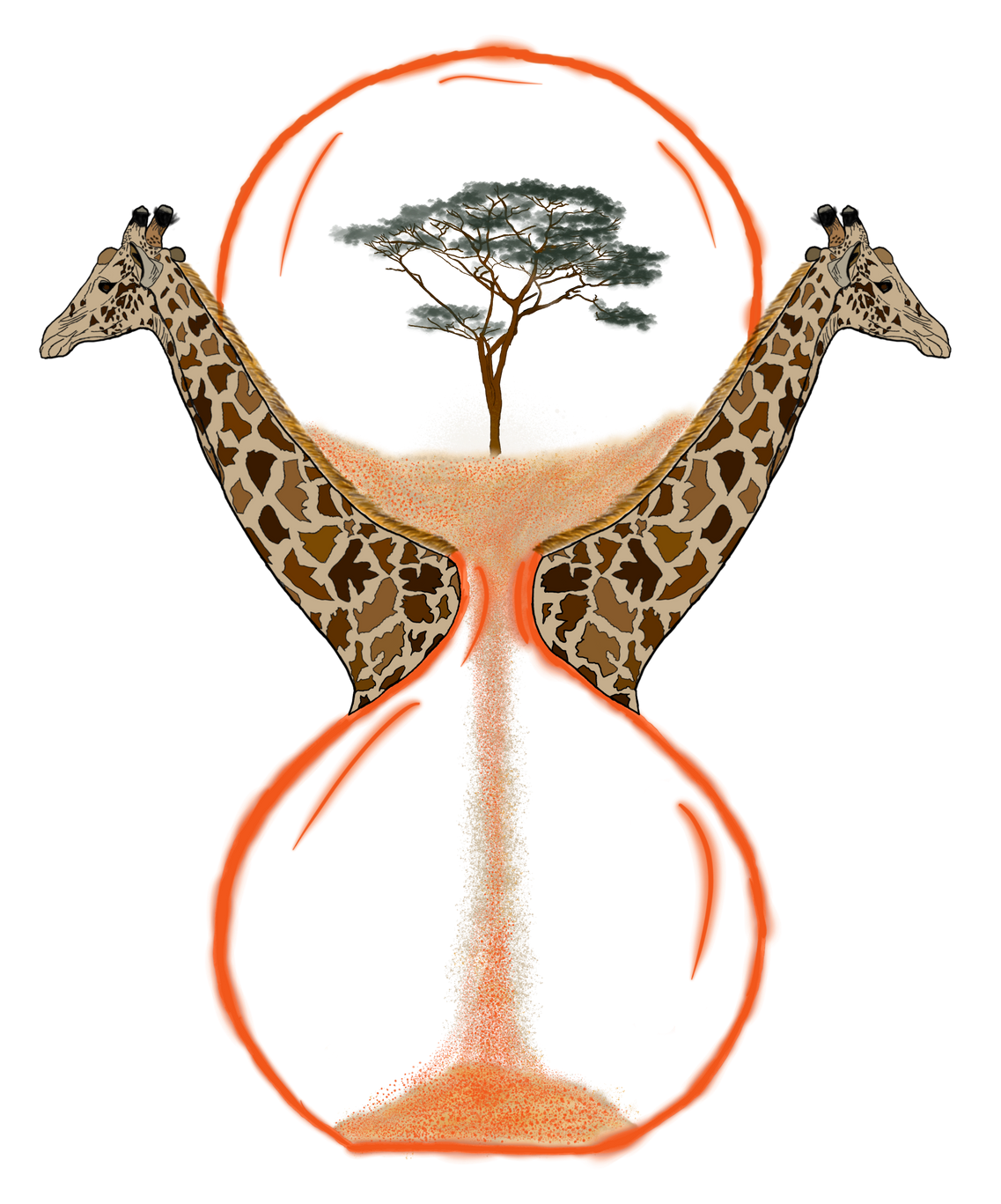 Two giraffes in an hourglass with a tree in the middle