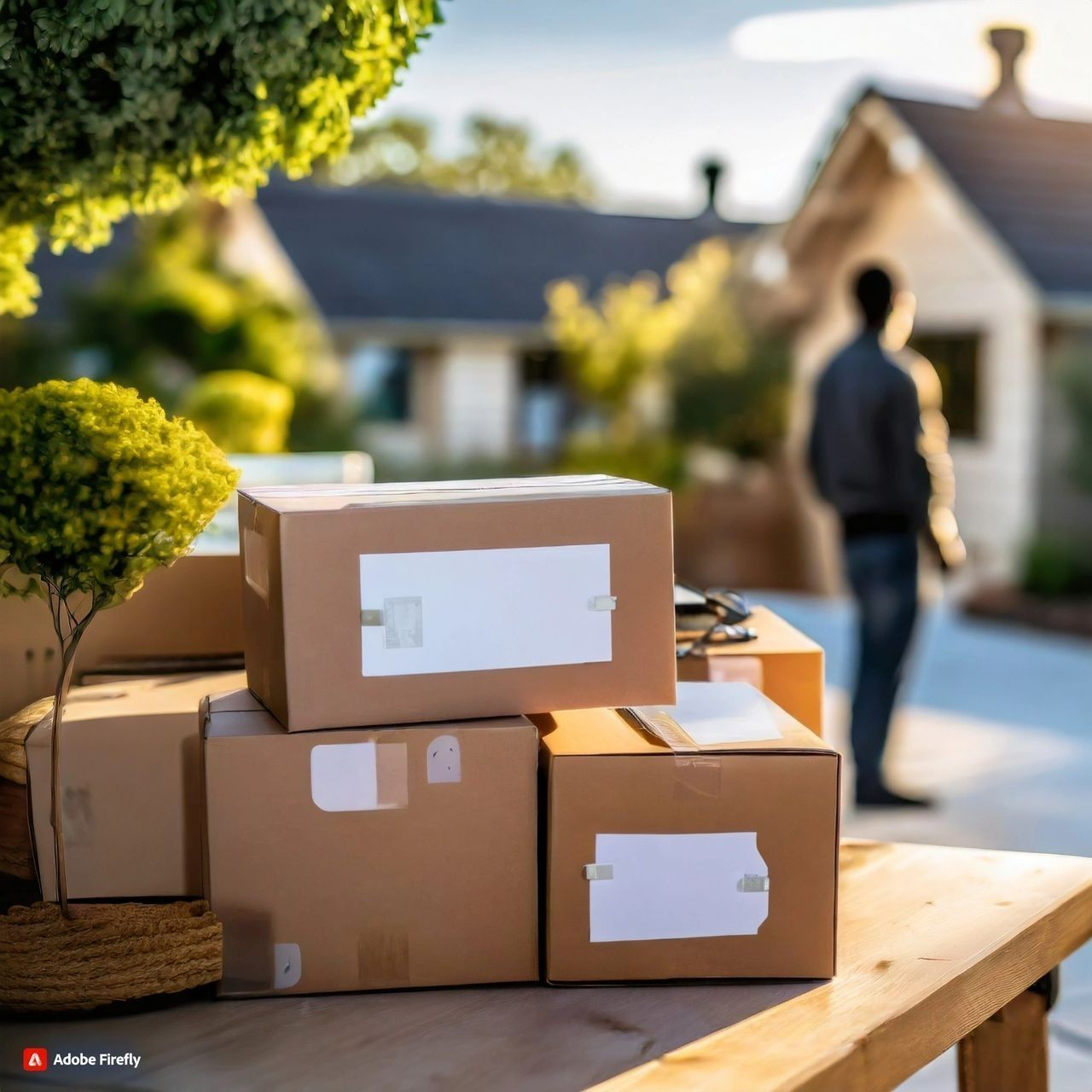 Several cardboard boxes are stacked on top of each other on a wooden table