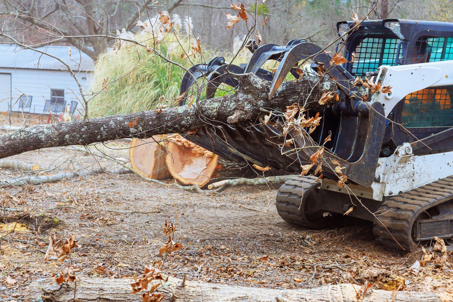 A yellow excavator is digging a hole in the middle of a forest.