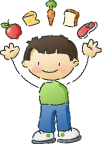 Smiling child with raised arms, toys floating above head