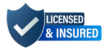 A blue shield with a check mark on it that says licensed and insured.