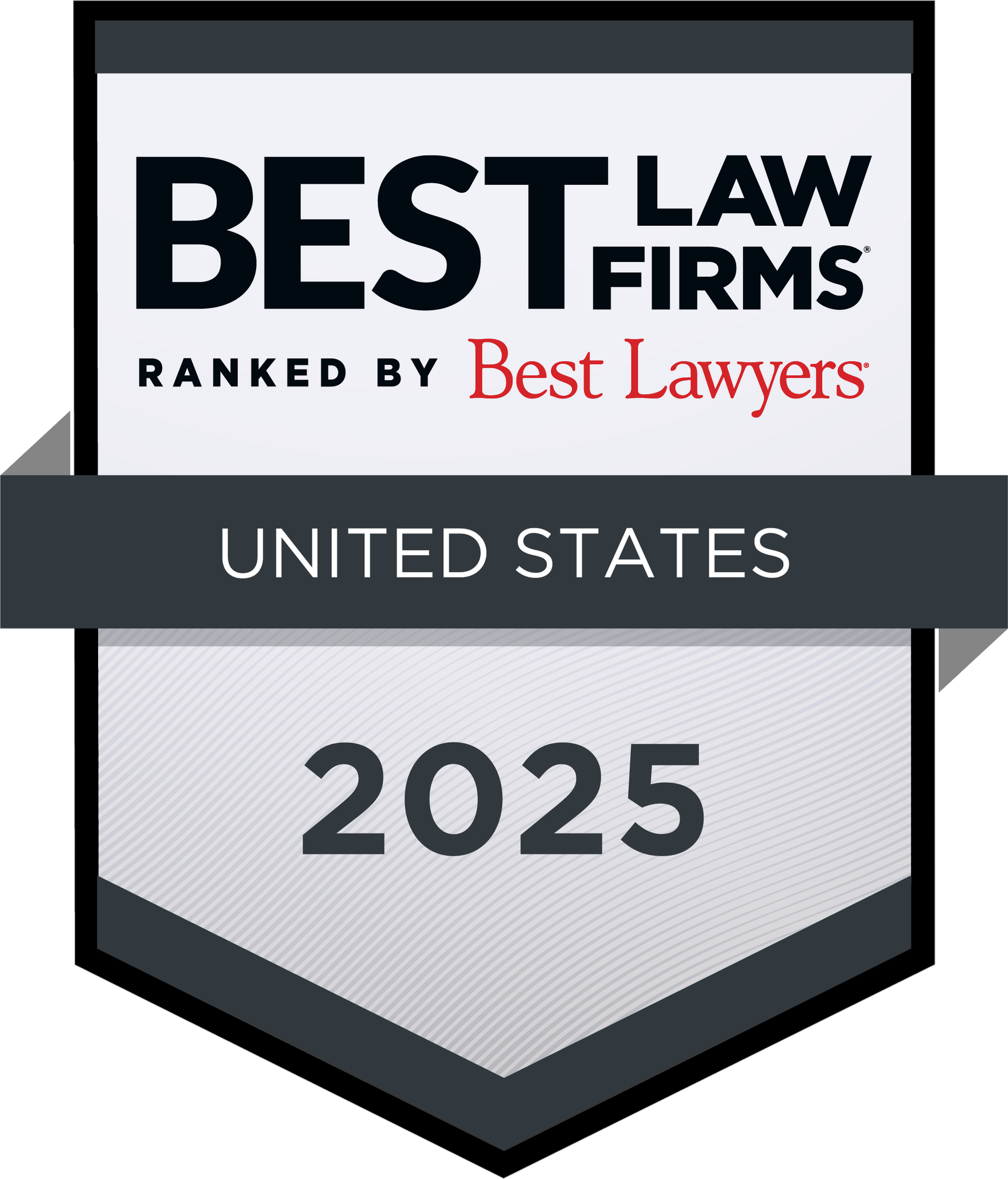 "Best Law Firms" badge, 2025, United States, ranked by Best Lawyers. Black and white, with red accents."