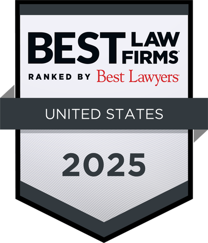 "Best Law Firms" badge, 2025, United States, ranked by Best Lawyers. Black and white, with red accents."