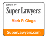 "Super Lawyers" badge, orange and white, with "Mark P. Glago" and website address.