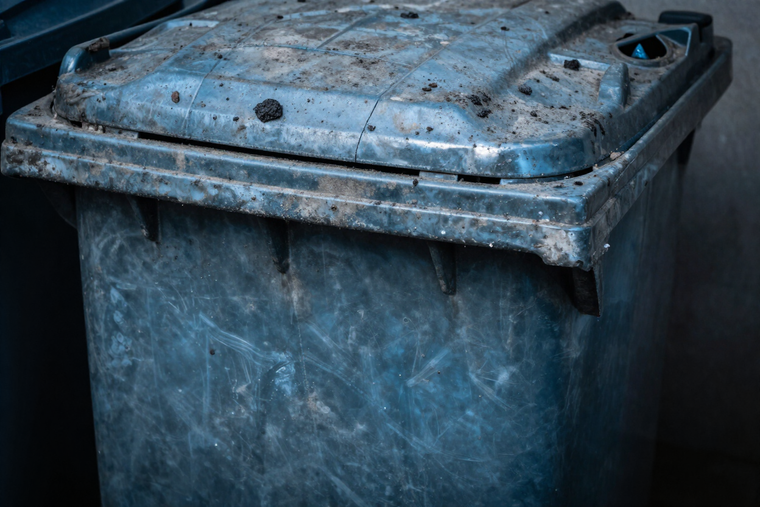 Before cleaning - dirty stained trash bin