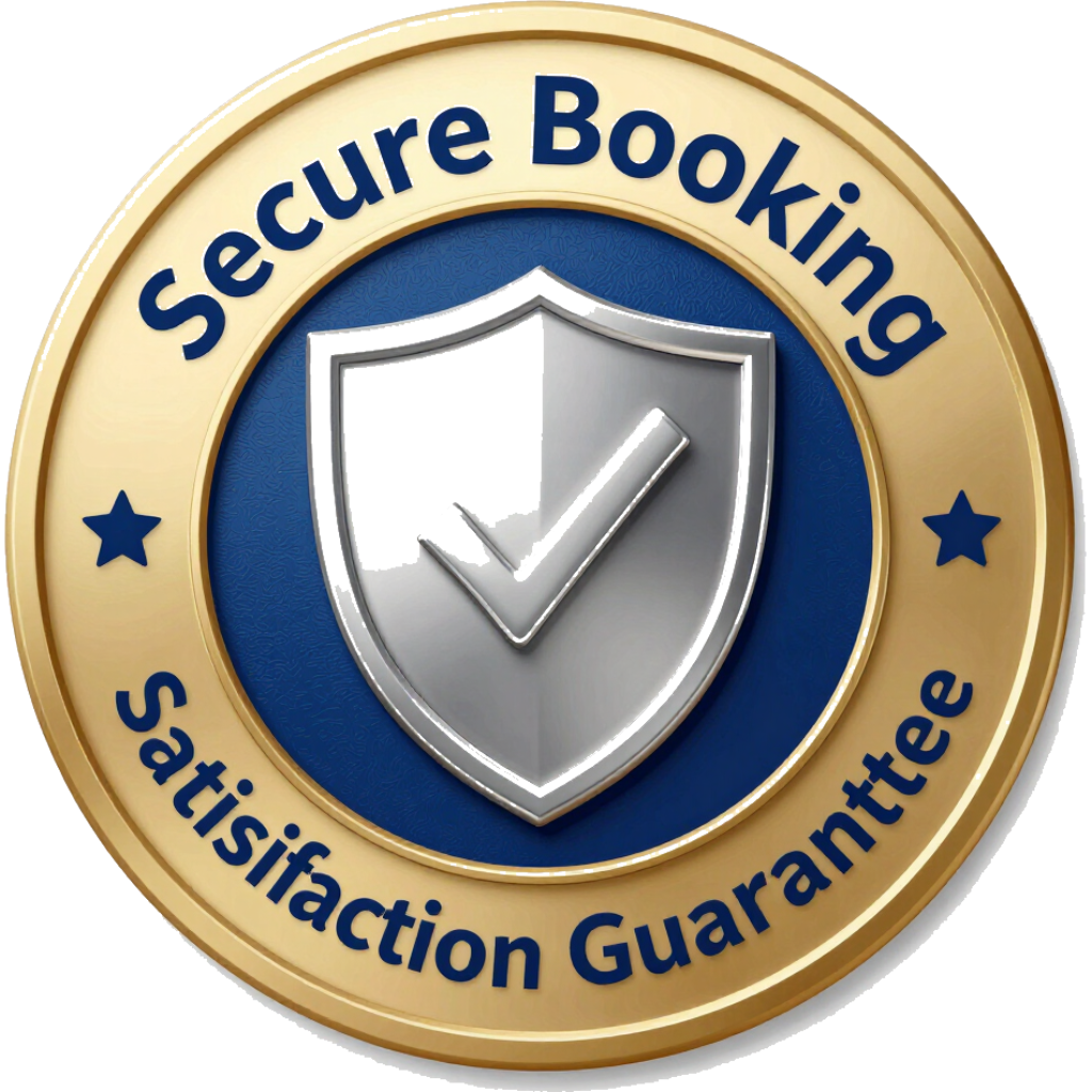Gold and blue seal reading “Secure Booking Satisfaction Guarantee” with a silver shield and checkmark in the center