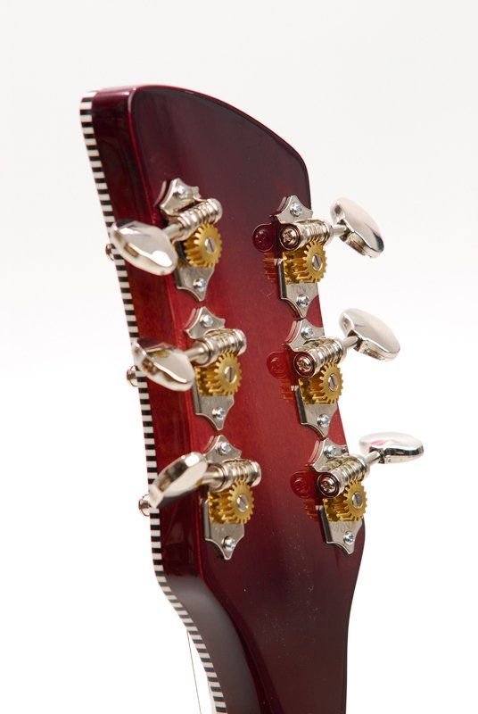 A close up of the headstock of an acoustic guitar