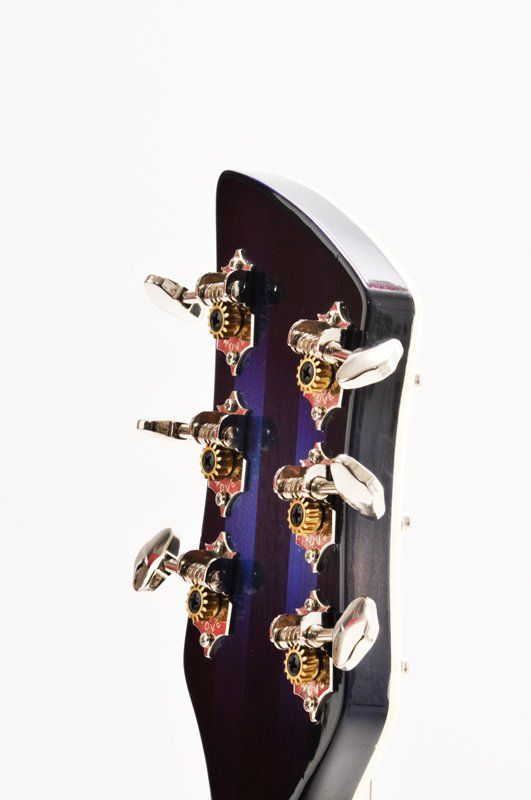 A close up of a guitar headstock on a white background