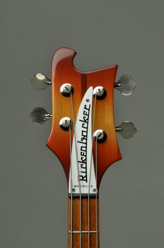 The headstock of a rickenbacker bass guitar