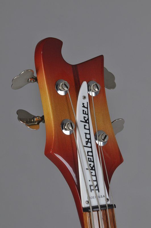 The headstock of a rickenbacker bass guitar