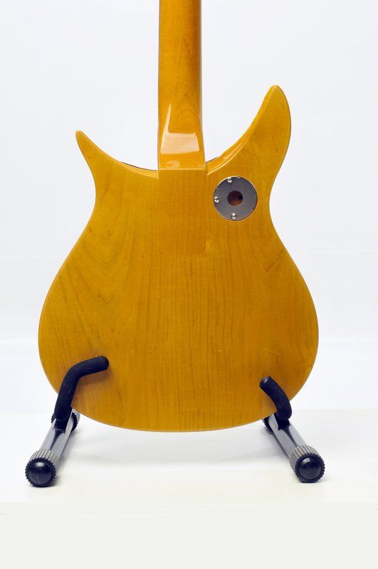 The back of a guitar is shown on a stand.