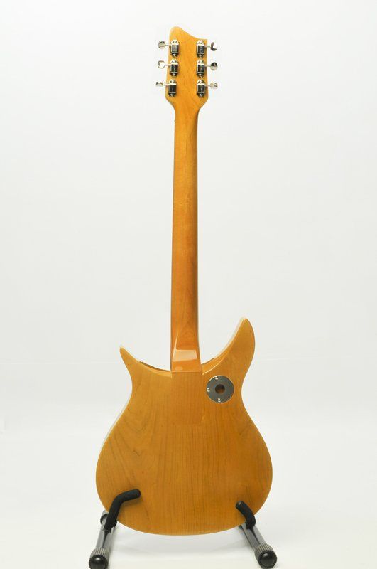 A guitar is sitting on a stand on a white background.