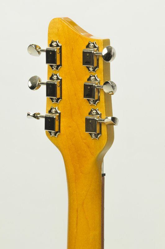 A close up of the headstock of an electric guitar