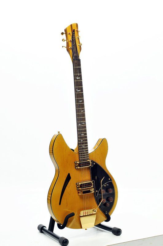 A guitar is sitting on a stand on a white background.