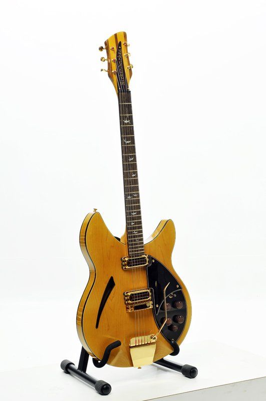 A guitar is sitting on a stand on a white background.