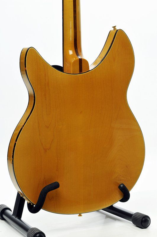 The back of a guitar is shown on a stand