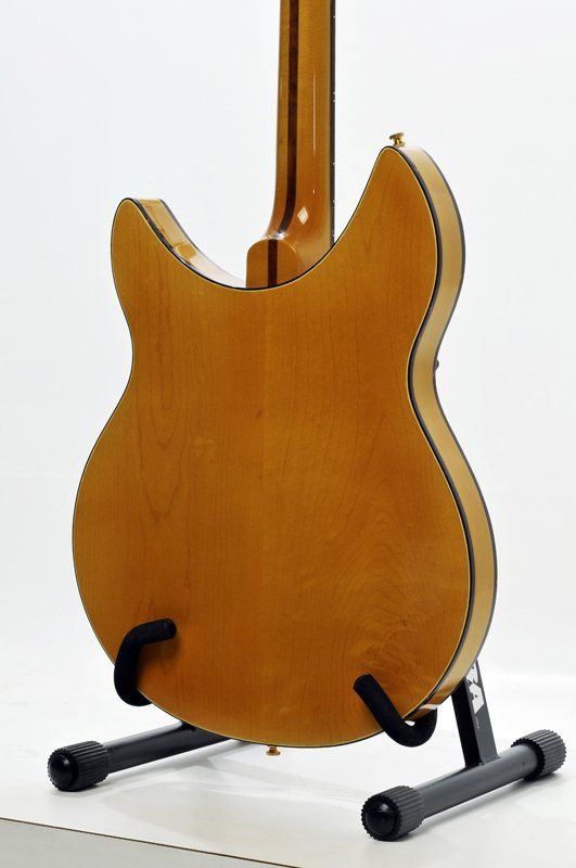 The back of a guitar is shown on a stand