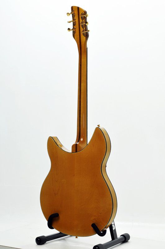 A guitar is sitting on a stand on a white background