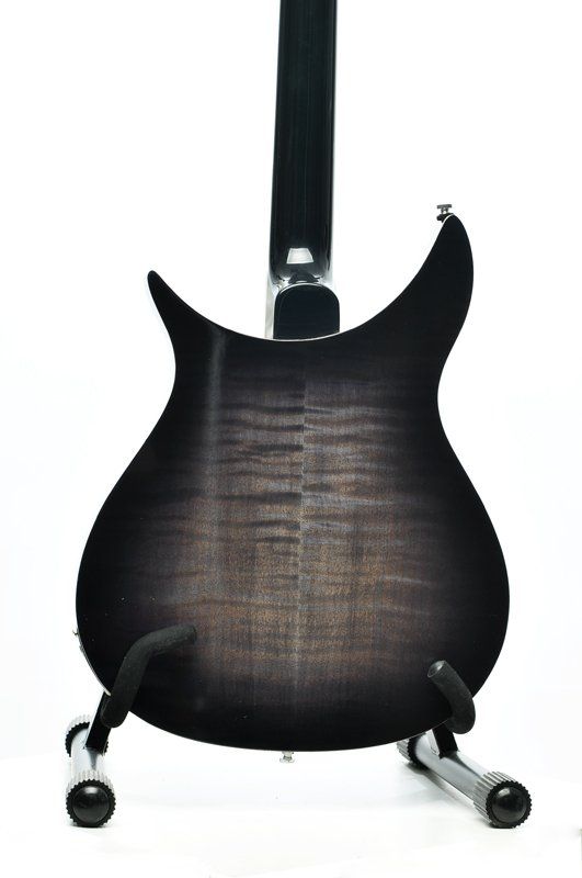 A guitar is sitting on a stand on a white background