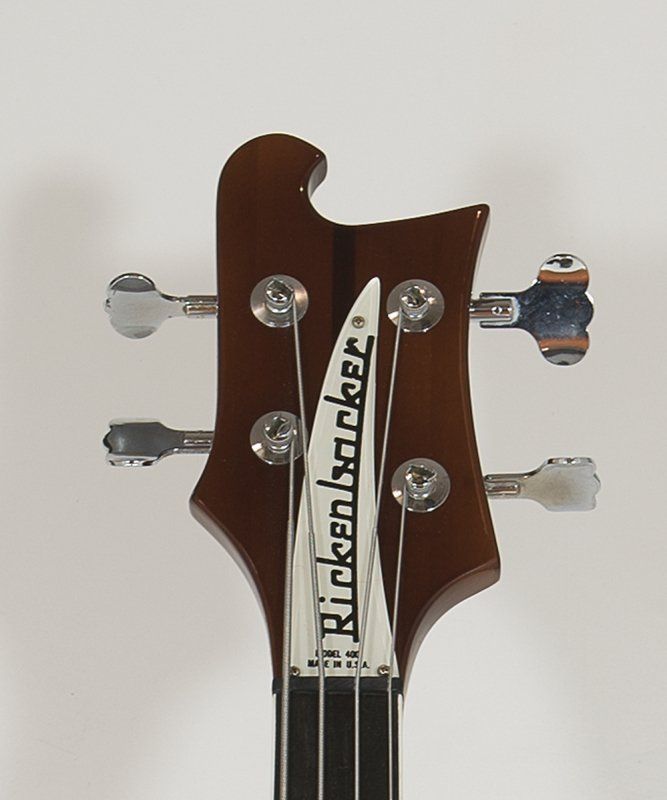The headstock of a rickenbacker bass guitar