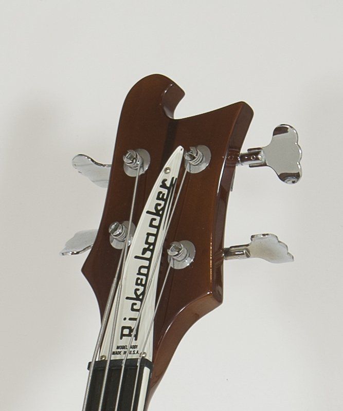 The headstock of a rickenbacker bass guitar