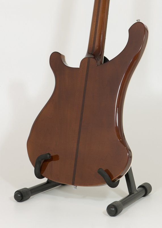 The back of a guitar is shown on a stand