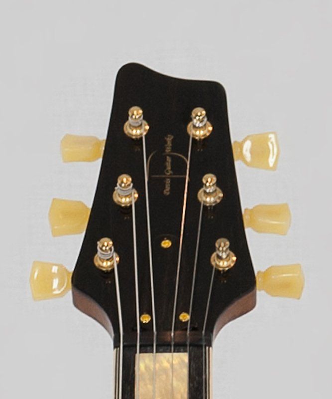 A close up of the headstock of an electric guitar