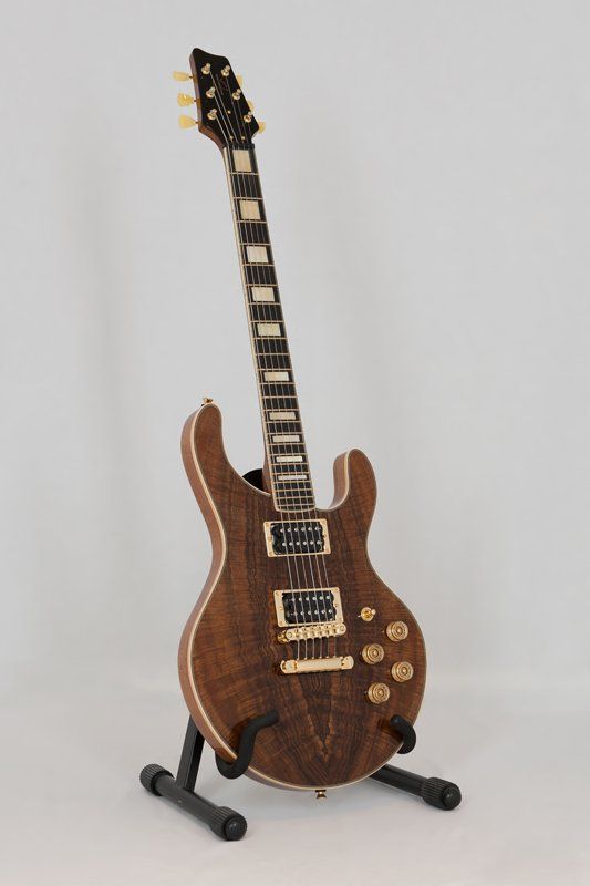 An electric guitar is sitting on a stand on a white background