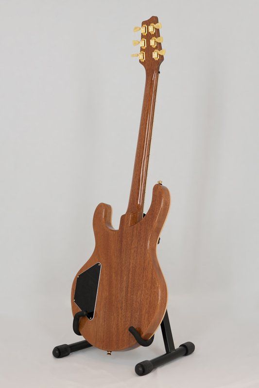 A guitar is sitting on a stand on a white surface