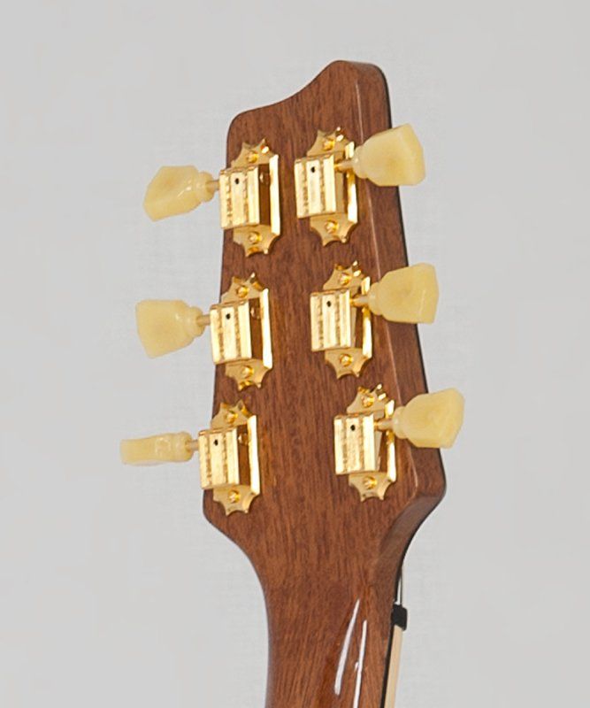 A close up of a guitar headstock with gold knobs