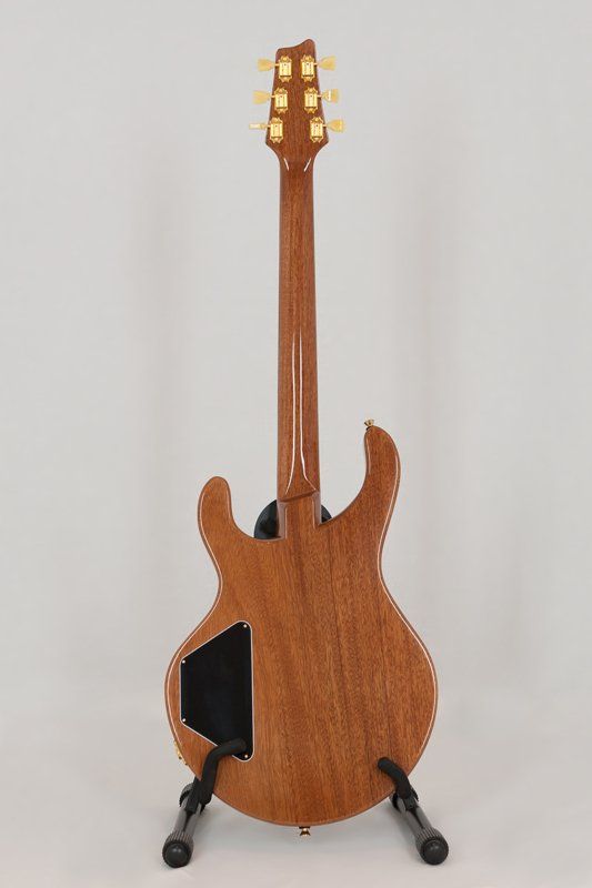 The back of a guitar is shown on a stand.