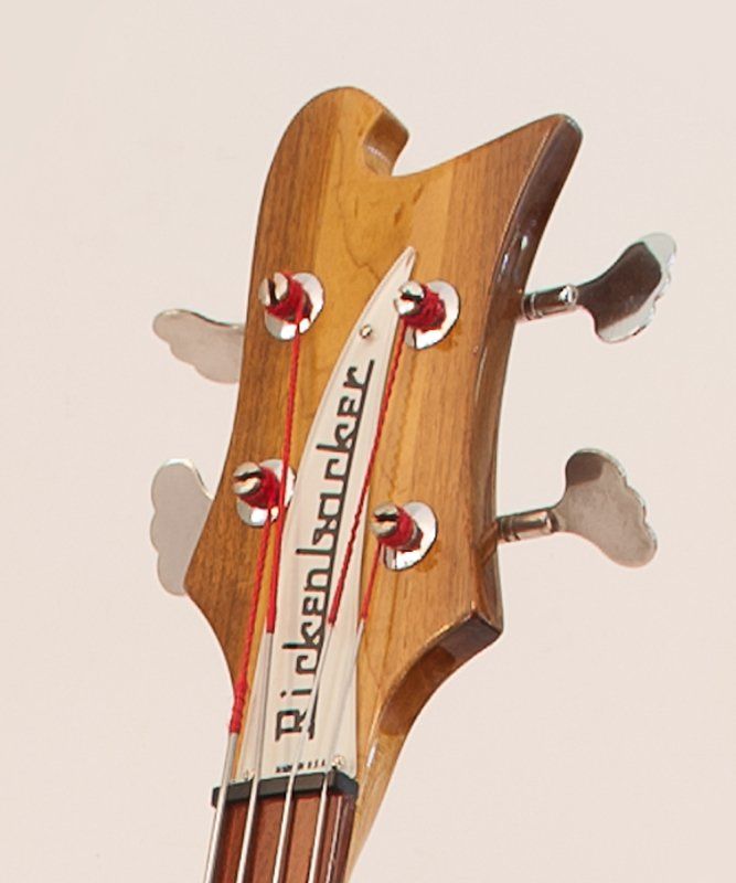 The headstock of a rickenbacker bass guitar
