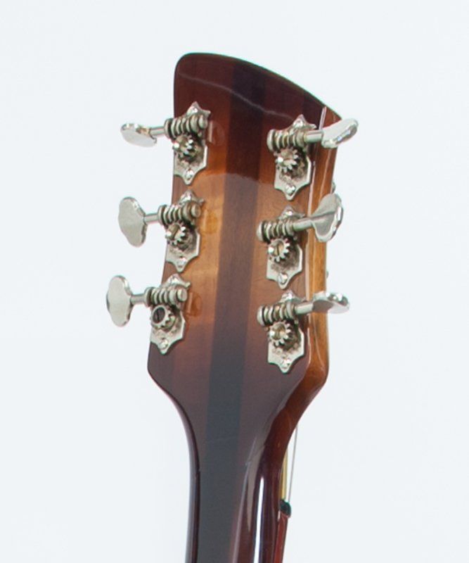 A close up of the headstock of an acoustic guitar