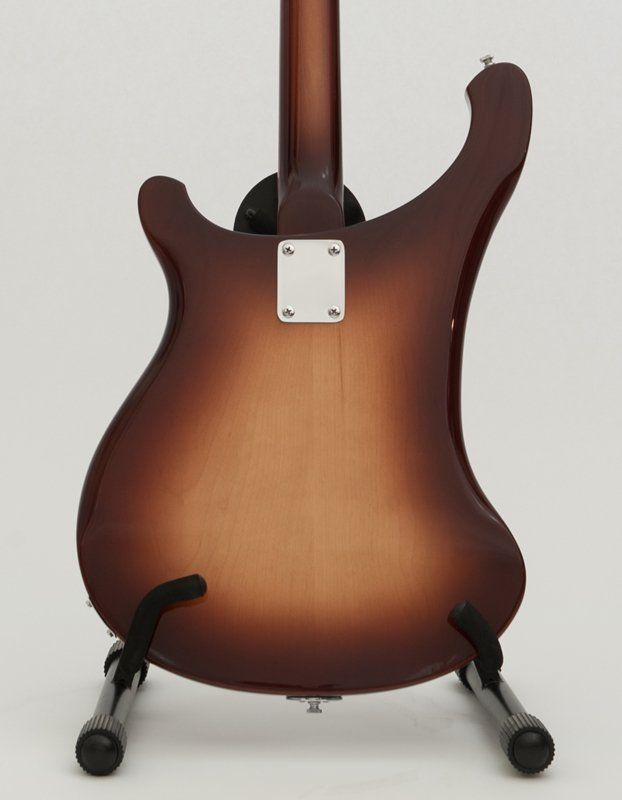 The back of a guitar is shown on a stand