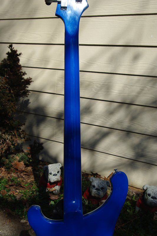 A blue guitar is sitting in front of a house