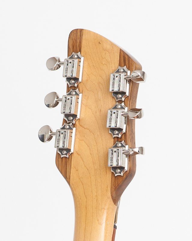 A close up of the headstock of an electric guitar