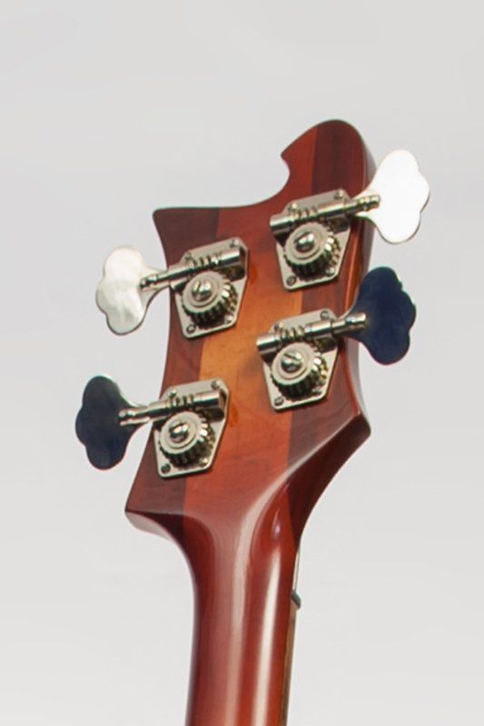 A close up of the headstock of a bass guitar