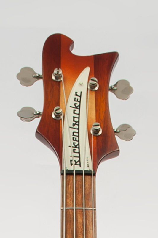 The headstock of a rickenbacker bass guitar