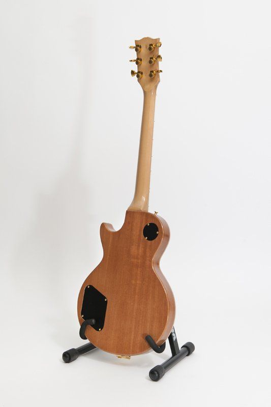 A guitar is sitting on a stand on a white background.